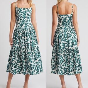 MOON RIVER Floral Green and White Tiered Midi Dress Size L
